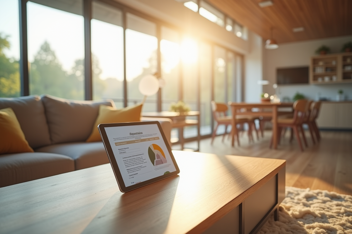 Salon lumineux avec tablette affichant un rapport immobilier
