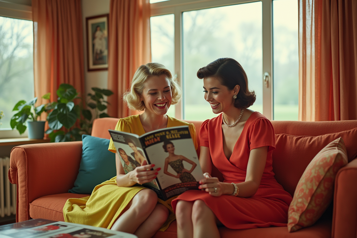 Salon vintage des années 50 avec deux femmes en robes colorées