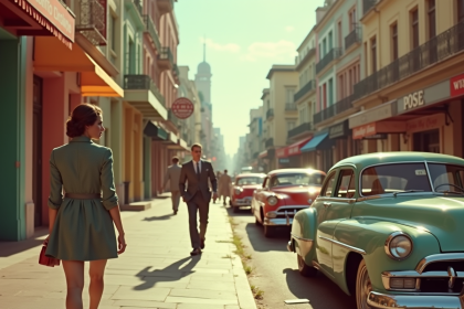 Scène de rue vintage des années 1950 avec voitures et mode élégante