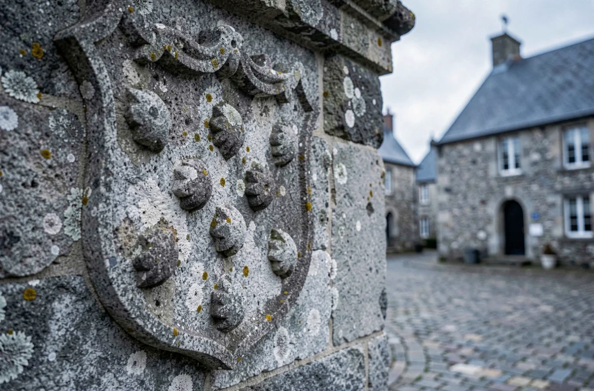 Bas-relief sculpté représentant les onze hermines du blason de la Bretagne sur la façade d'une chapelle en granit