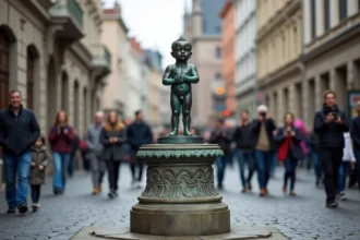 La célèbre statue du Manneken-Pis à Bruxelles sur son piédestal baroque en pierre, entourée de touristes dans le centre historique