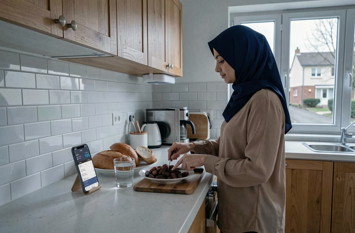 Femme musulmane préparant le suhoor en consultant les horaires de prière Ramadan 2026 à Les Mureaux