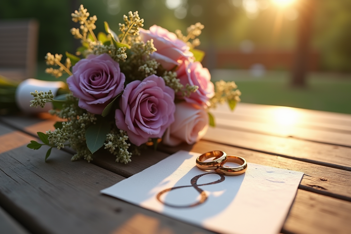 Table en bois décorée avec fleurs bronze et lilas pour mariage