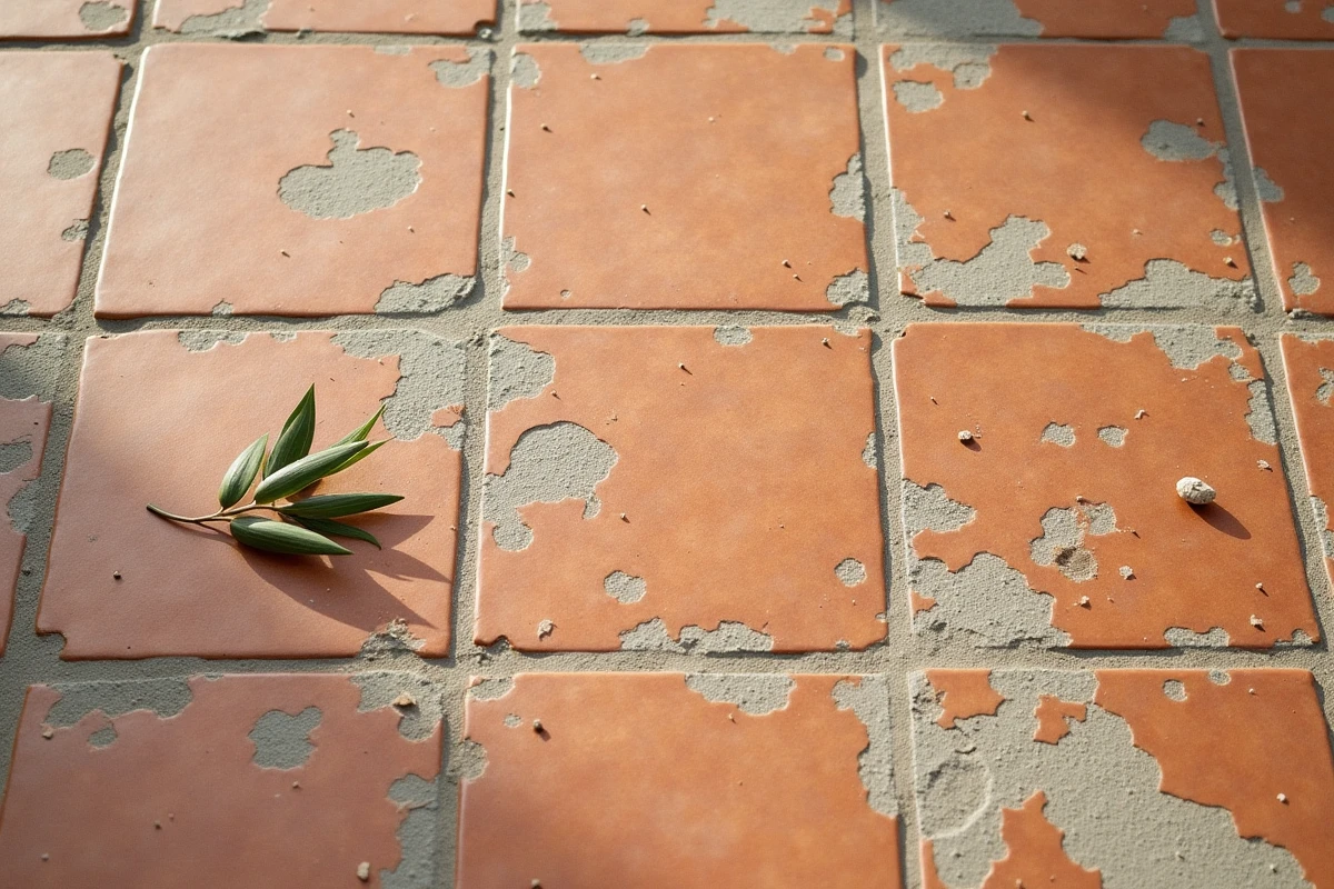 Gros plan sur la texture et le relief antidérapant d'un carrelage extérieur céramique en climat méditerranéen