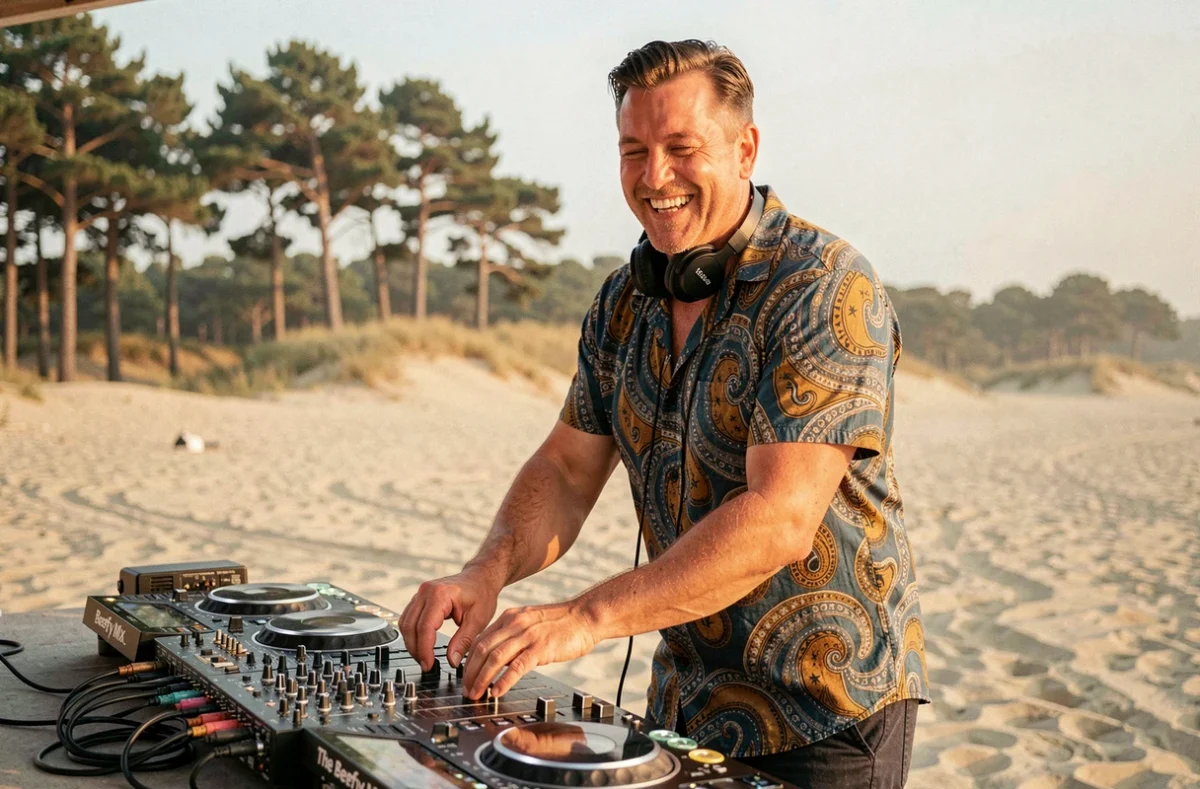 DJ The Beefy Mix en pleine performance lors d'une fête de plage sur la côte atlantique des Landes