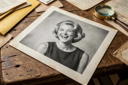 Tirage photographique vintage noir et blanc des années 1960 d'une chanteuse yéyé posé sur une table en bois, examiné par un collectionneur
