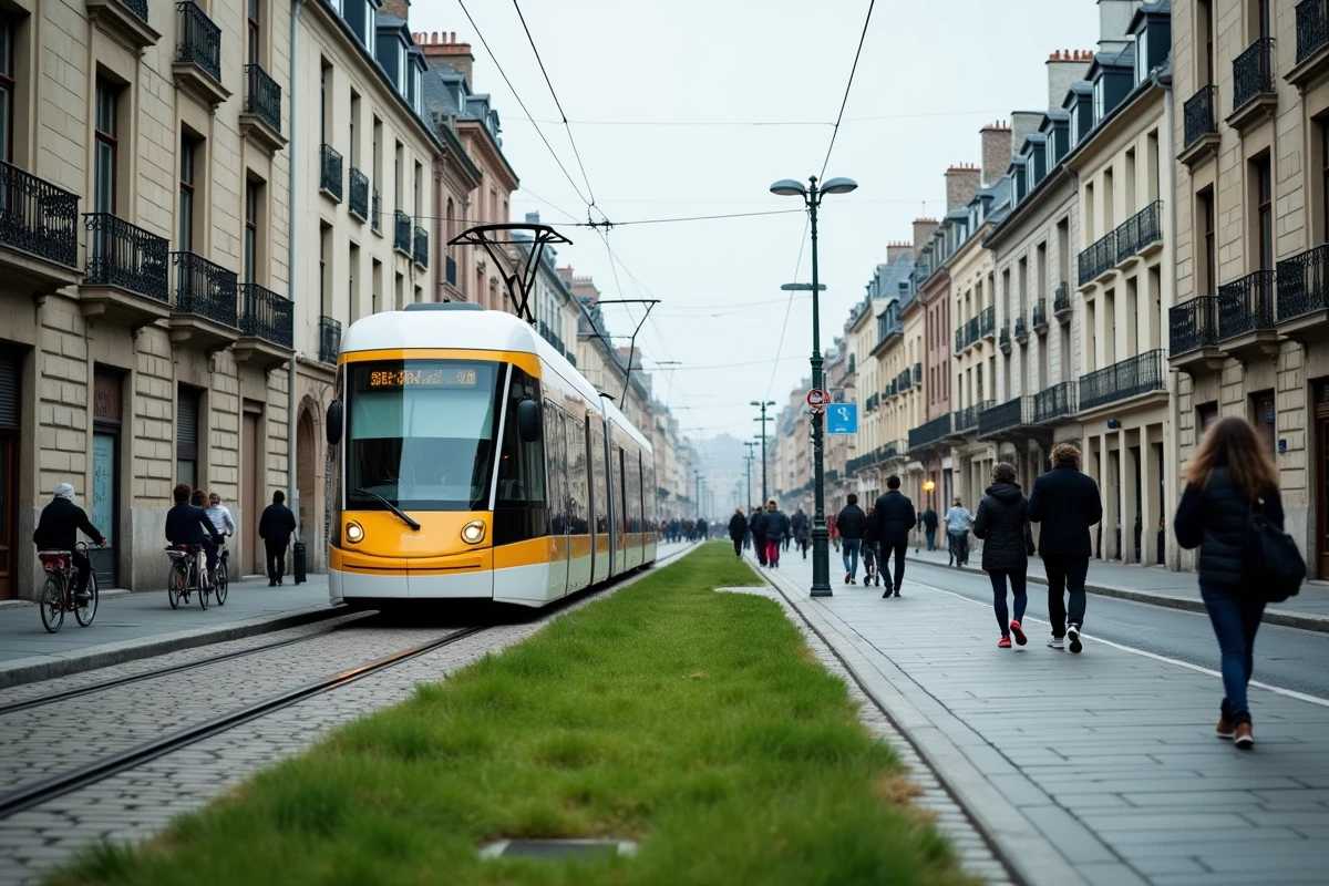 Tramway de Nantes traversant le centre-ville sur une voie herbeuse entourée d'architecture historique et de piétons