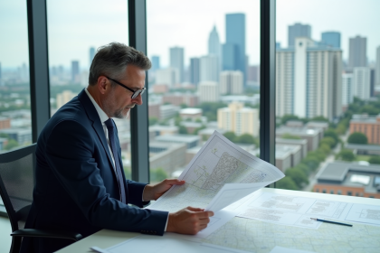 Urbaniste homme examinant une carte de zonage en bureau