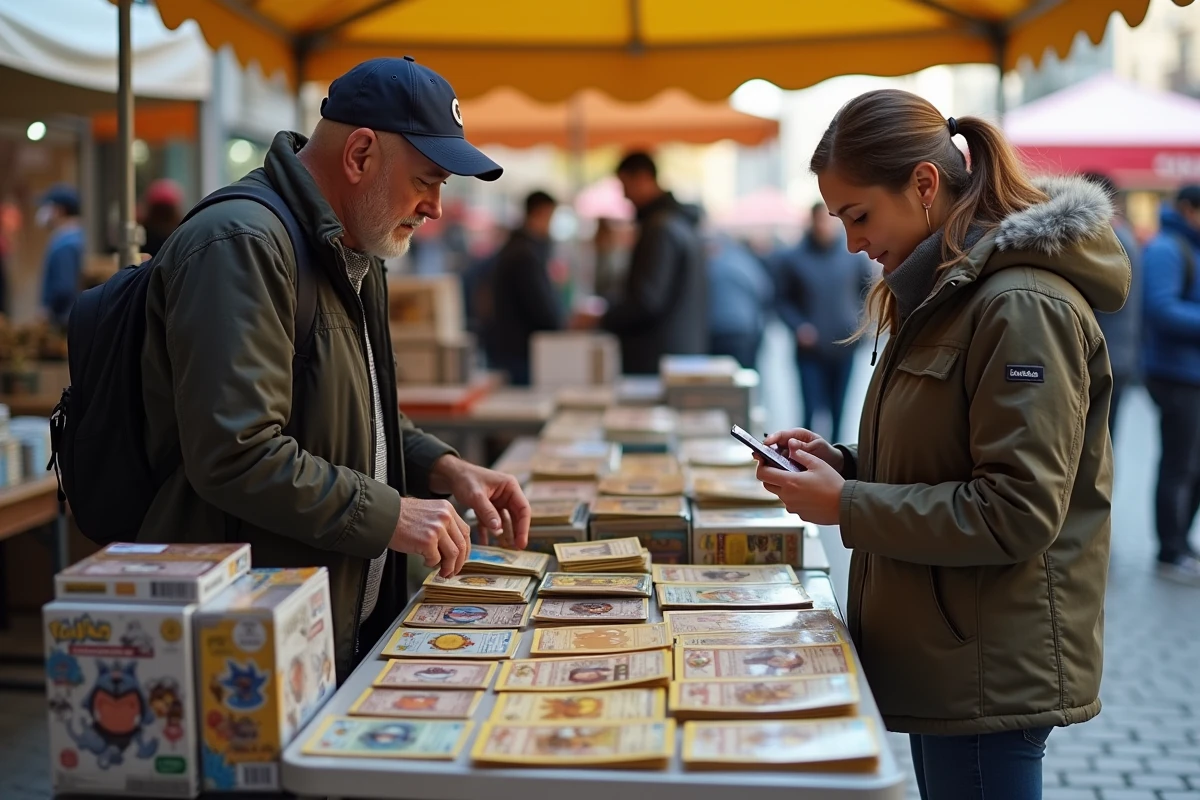 Deux collectionneurs négociant la vente de cartes Pokémon gradées sur un marché aux puces en plein air