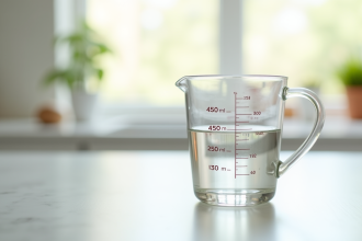 Verre mesureur rempli à 450 ml sur plan de cuisine lumineux