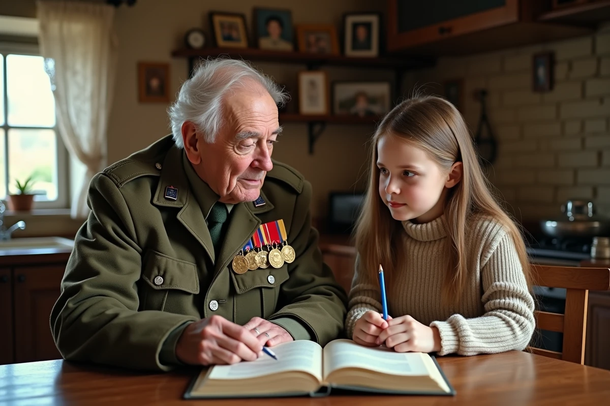 Vétéran militaire transmettant les paroles d'un chant militaire traditionnel à une jeune adolescente autour d'un livre de chansons ouvert