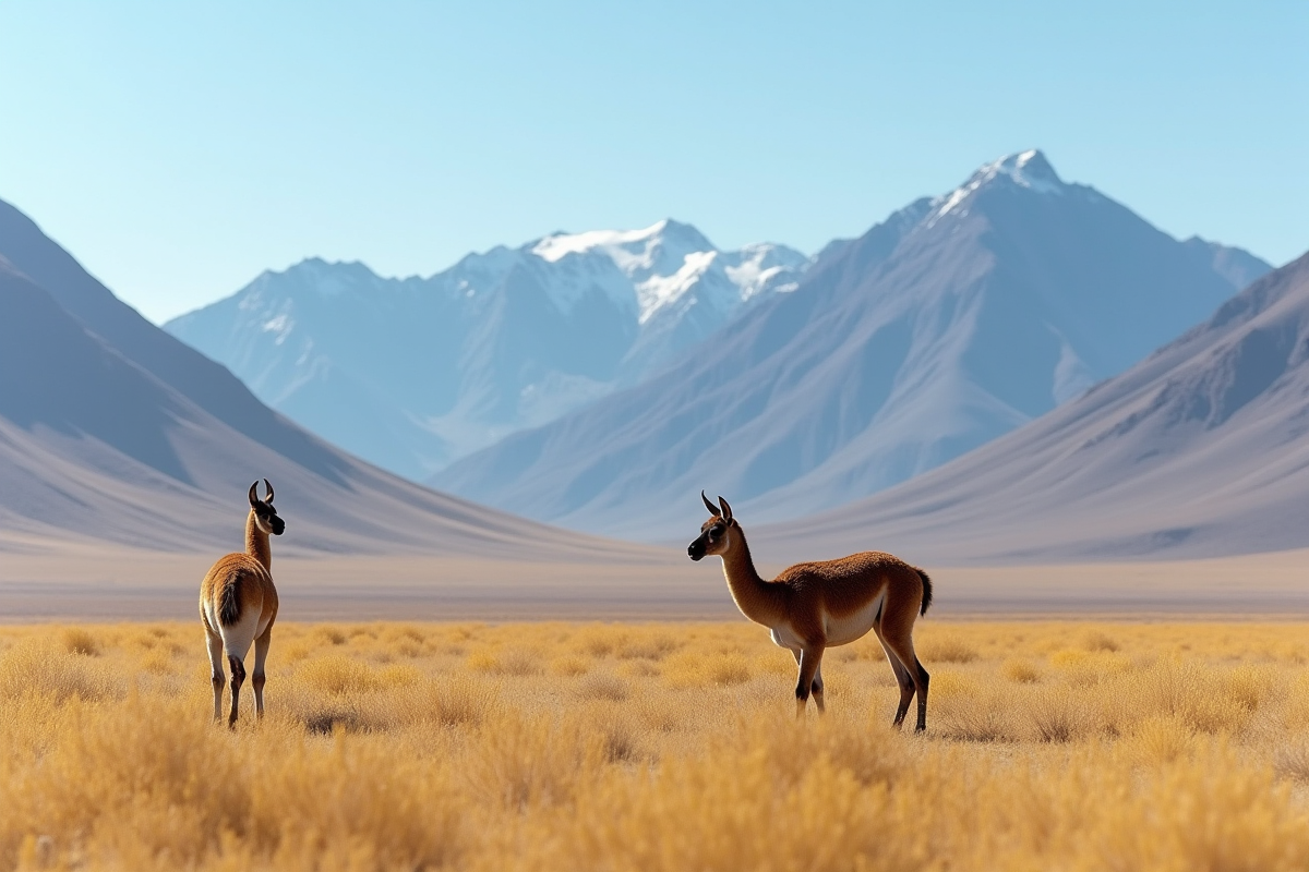 Vicuñas paissant dans la plaine avec les montagnes des Andes