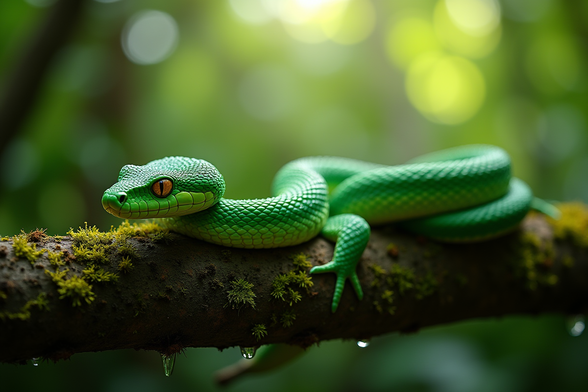 Vipère verte reposant sur une branche dans la forêt tropicale