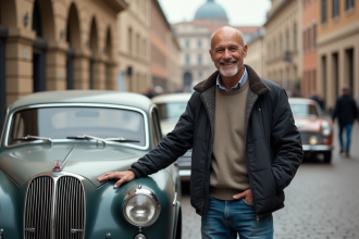 Homme passionne de voitures vintage avec une voiture Z en ville