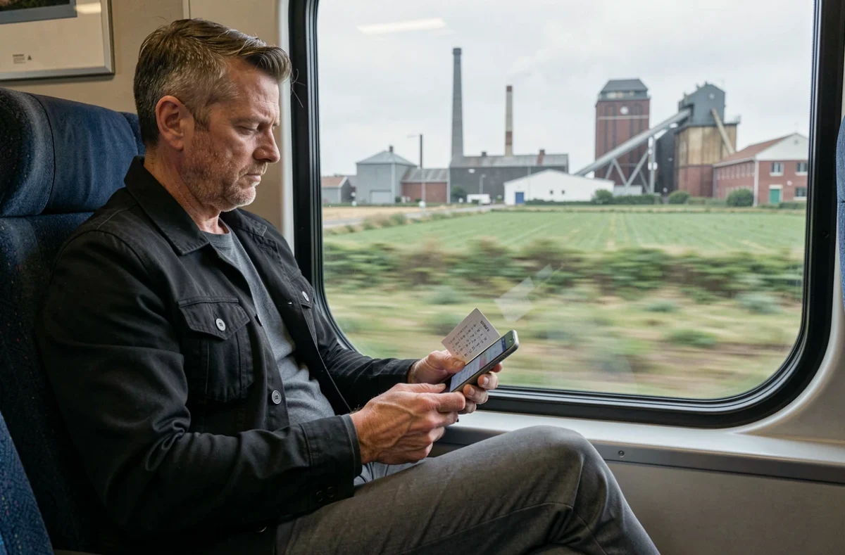 Voyageur musulman en train consultant un horaire de prière sur smartphone, illustrant les adaptations religieuses pour les voyageurs à Douai