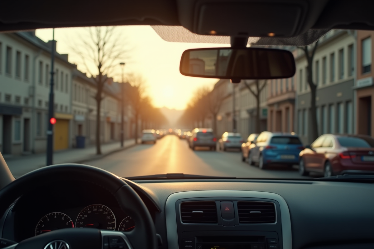 Vue matinale depuis une voiture garée dans une rue calme à Rennes